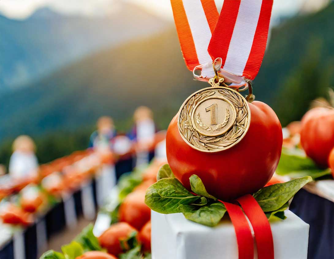 eine siegerehrung bei der eine personifizierte tomate eine goldmedaille um den hals trägt 81